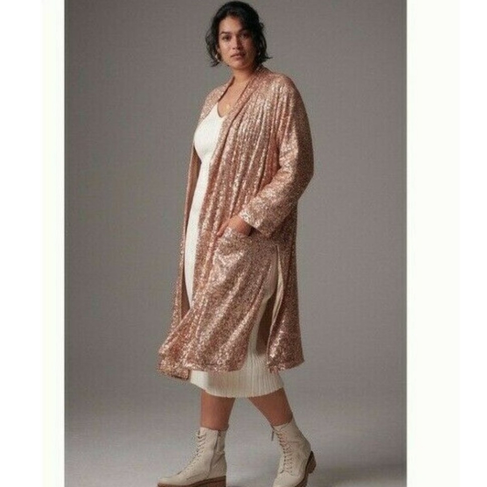 Anthropologie Sequined Duster Jacket 1X Rose Gold Pink  with Pockets!!!